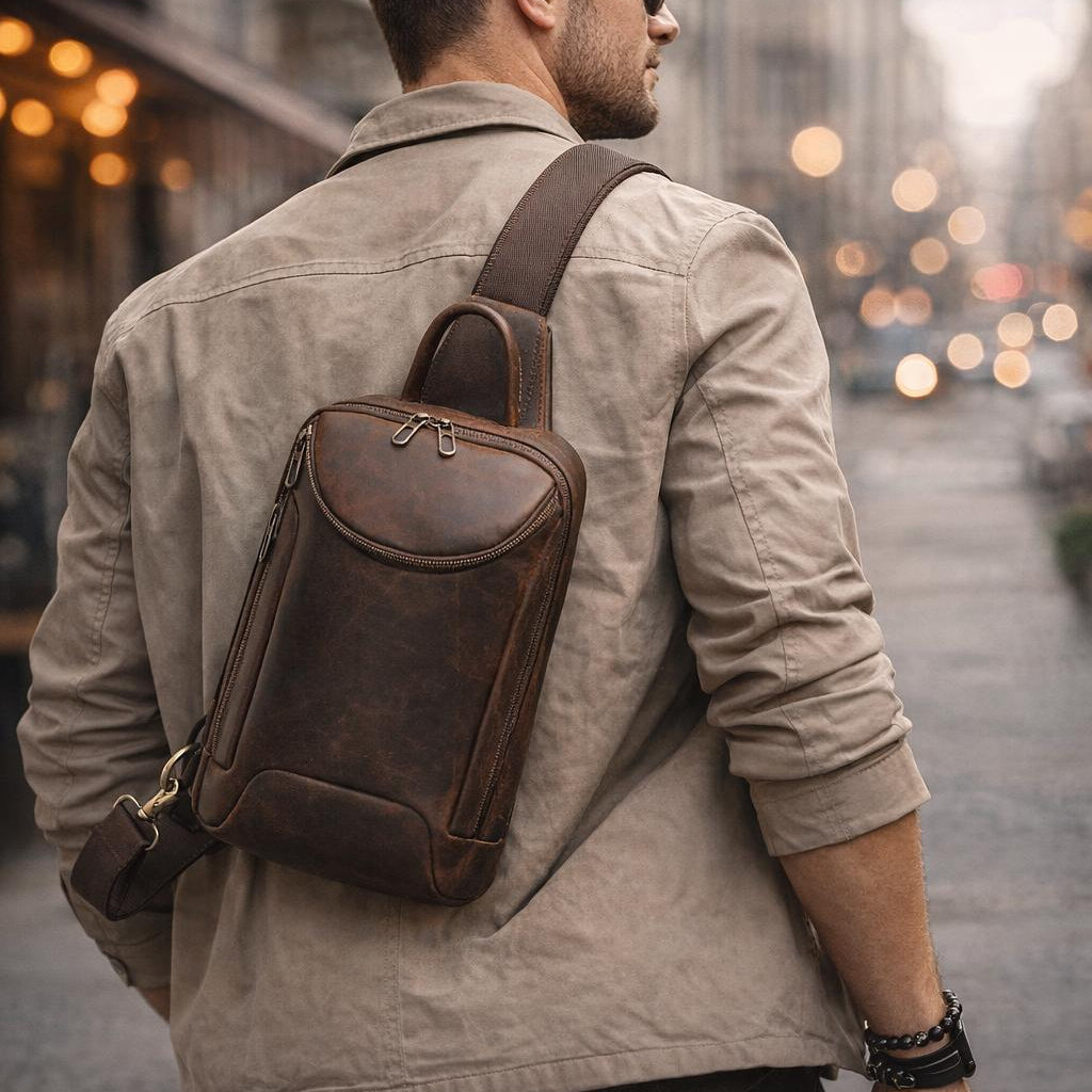 Leather Chest Bag Full-Grain – Handmade Crossbody Sling, iPad Fit