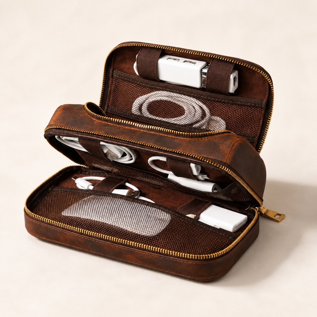 Personalized leather tech organizer, an end of year corporate gift with logo engraving