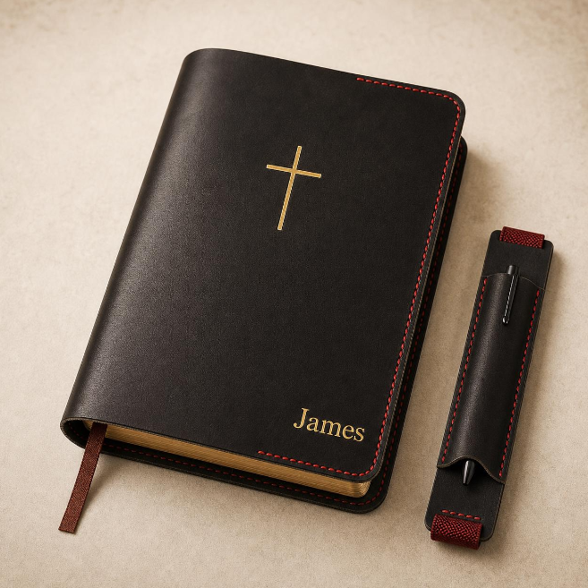 Personalized leather Bible cover with red stitching, a Christmas gift for him