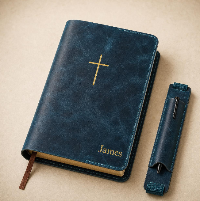 Personalized blue leather Bible cover, a Christmas gift idea
