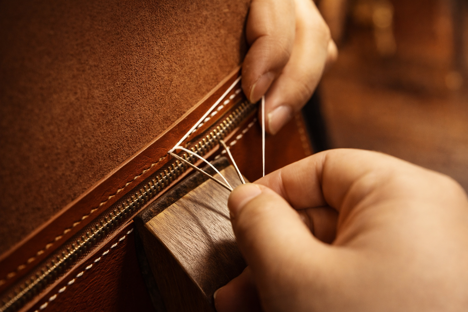 handcrafted leather stitching detail full grain leather craftsmanship saddle stitch premium leather goods