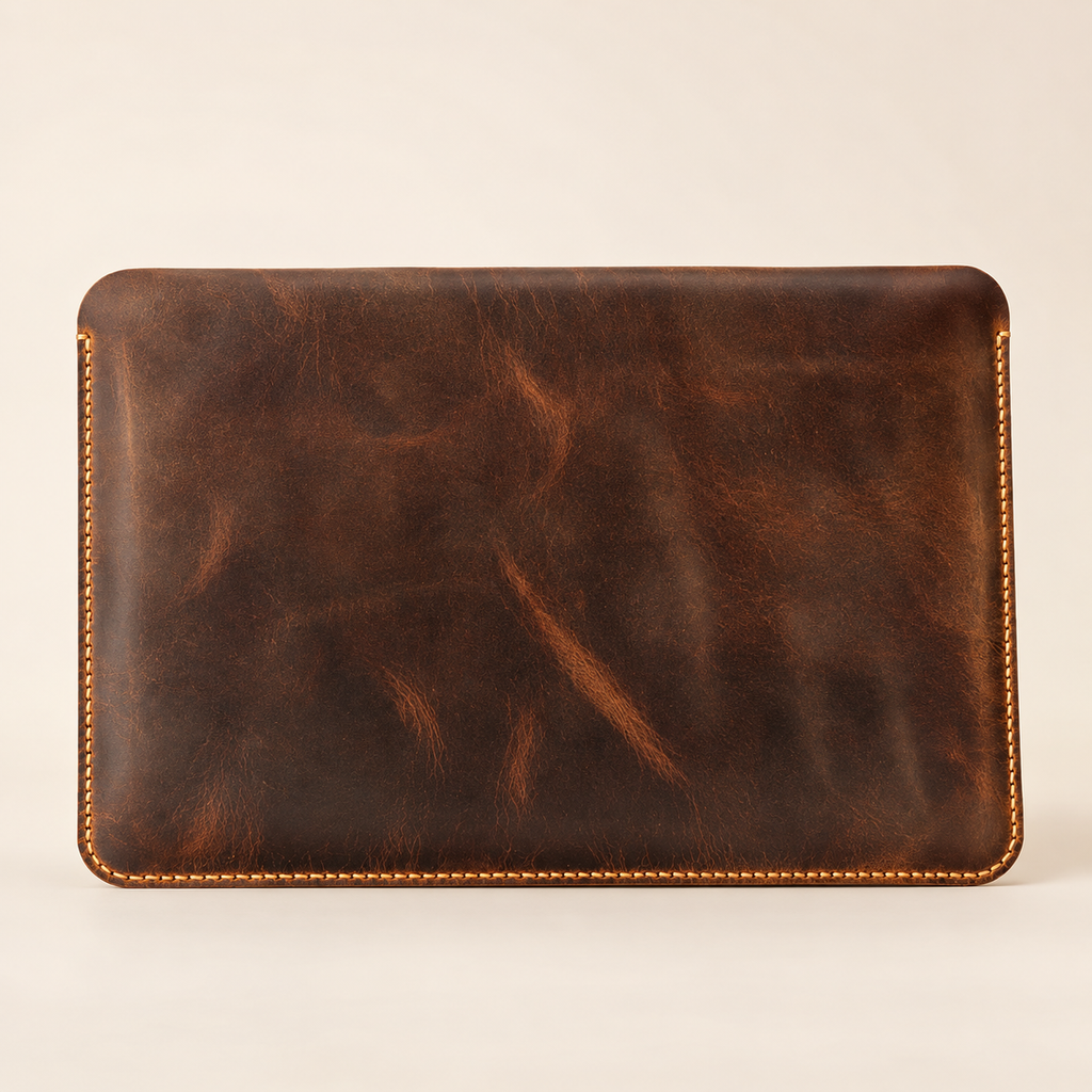 Distressed brown handmade leather MacBook sleeve — front view