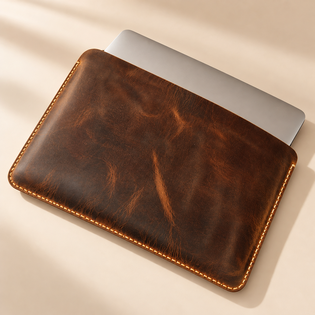 Slim brown leather MacBook case with laptop partially inserted