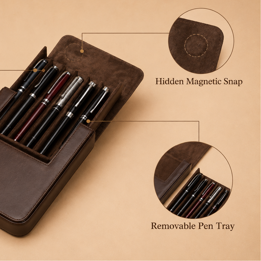 Close-up of cashmere lining inside a leather pen case