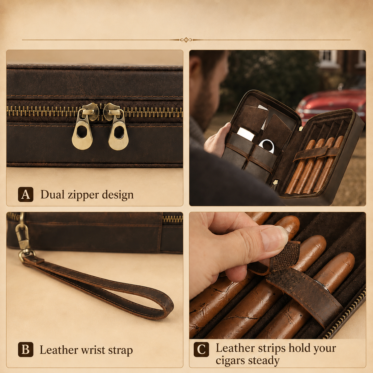 Close-up of dual zipper detail on a leather cigar case