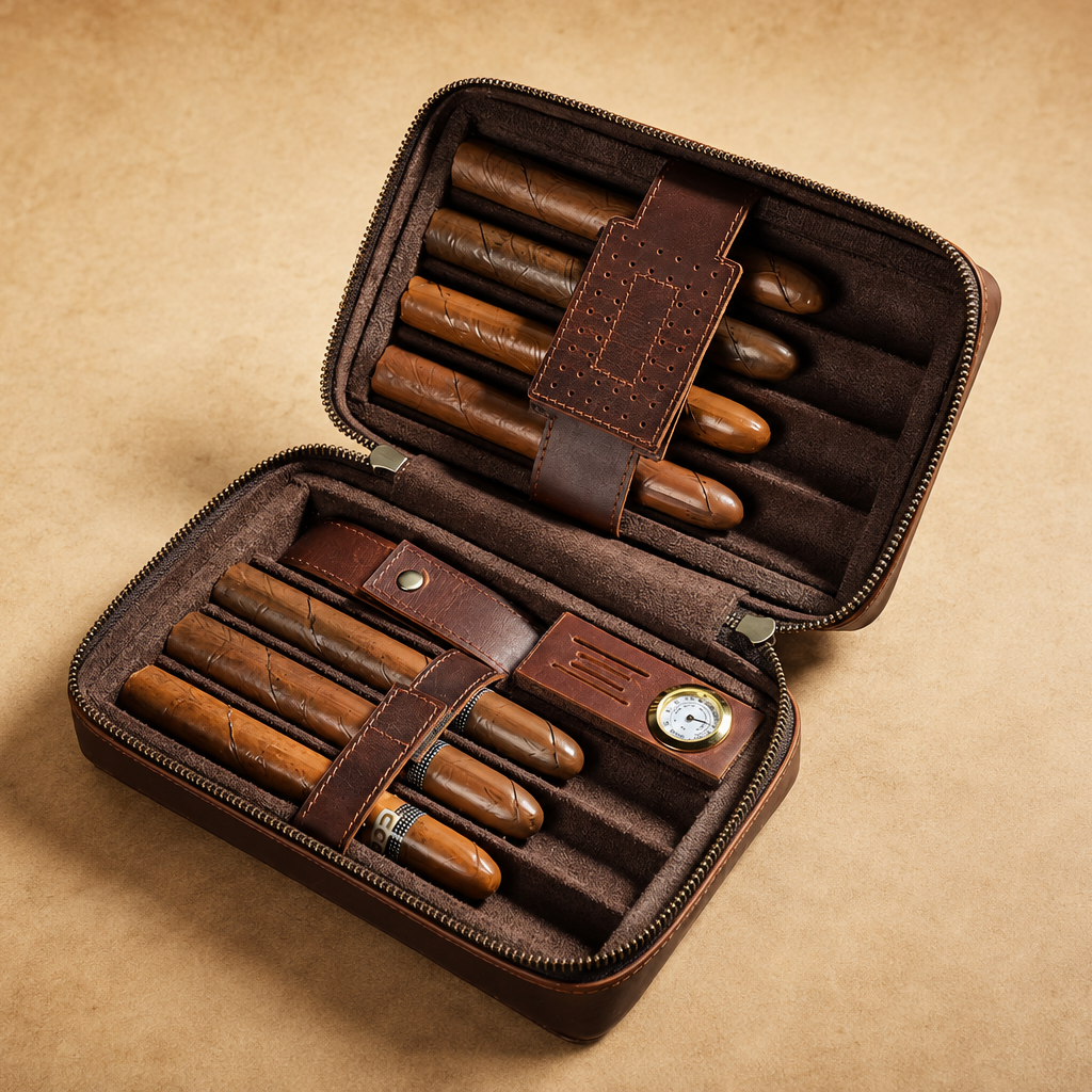 Leather cigar humidor shown open with hygrometer and humidifier