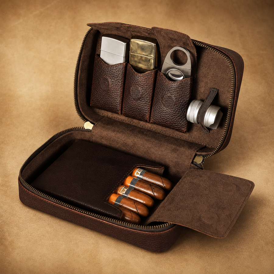Leather cigar organizer for 5 cigars, shown closed