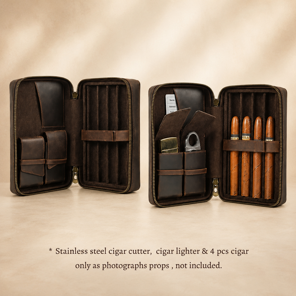 Leather cigar case for 4 cigars, shown closed
