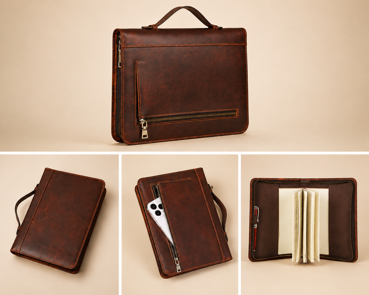 Close-up of custom engraving on a zippered leather Bible cover organizer