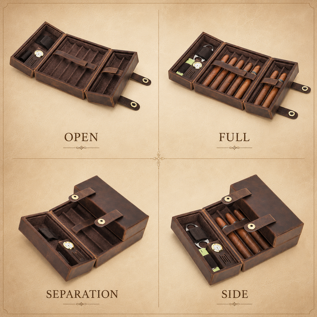 Leather Cigar Humidor Case - 7 Cigars, Travel Holder with Hygrometer, Humidifier, Lighter & Cutter Pocket Tigre X Studio