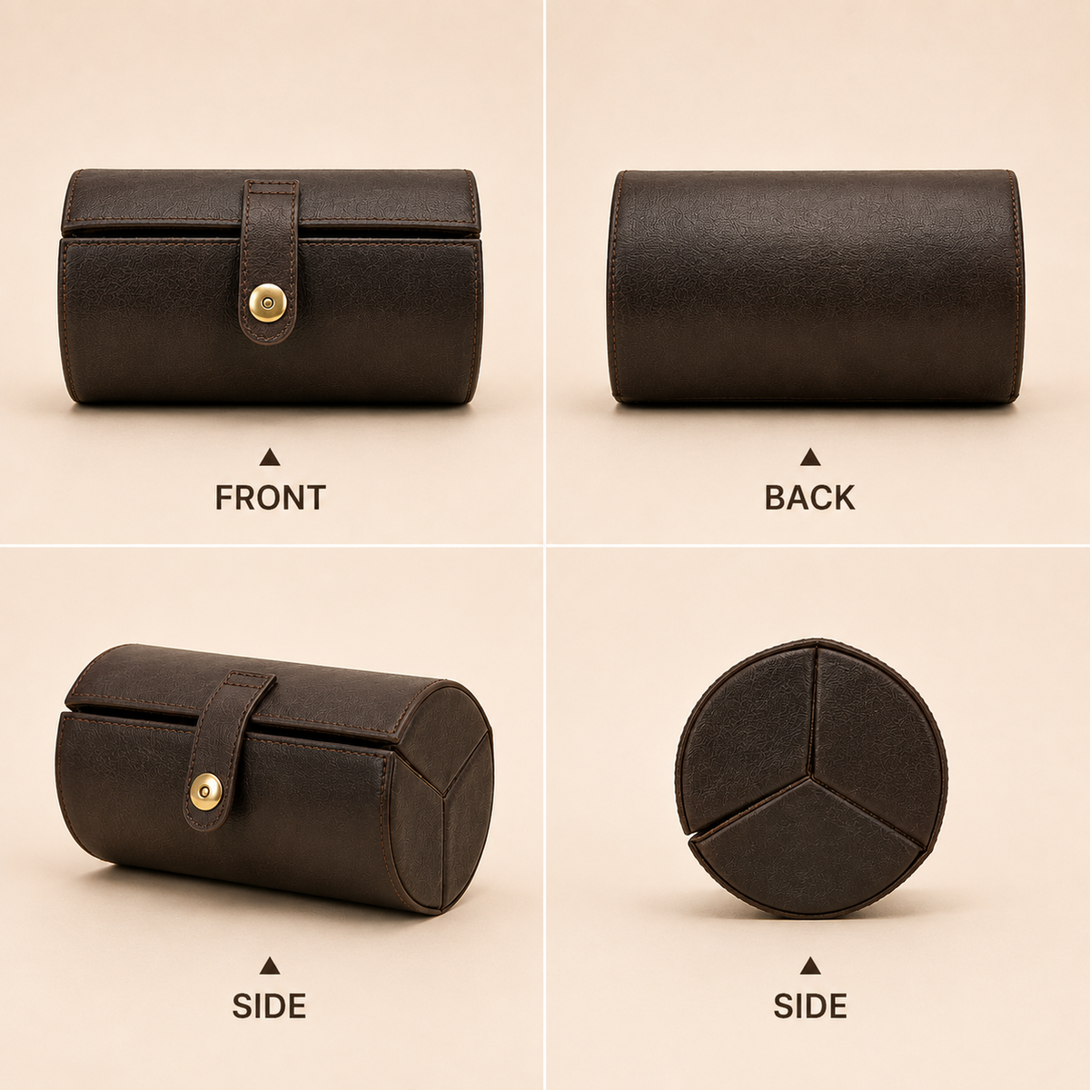 Close-up of buckle closure on a leather sunglasses case