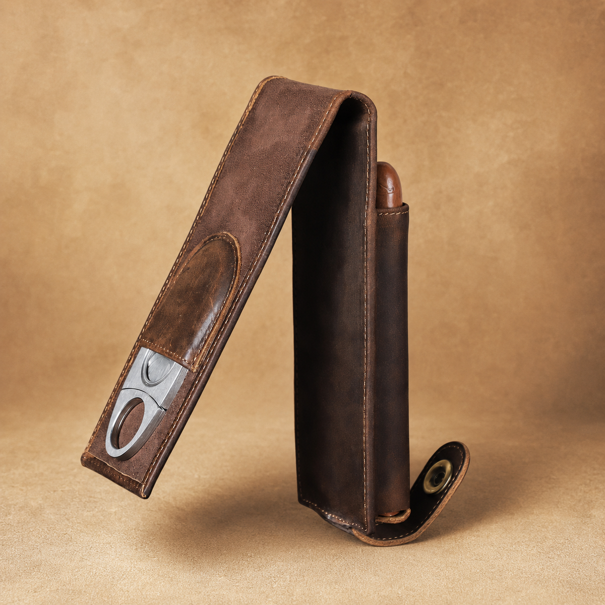 Close-up of vintage brass buckle on a Crazy Horse leather cigar case