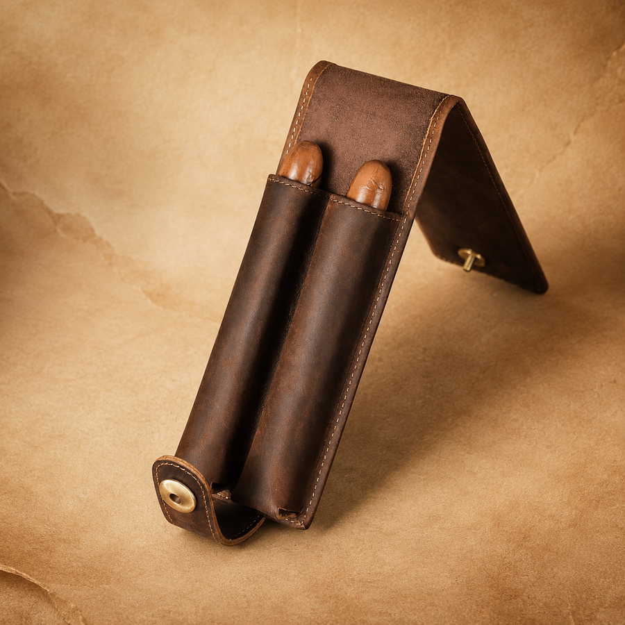 Crazy Horse leather cigar case with 2 cigar tubes, shown closed