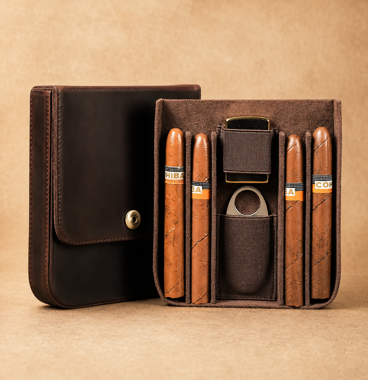 Leather cigar case for 4 cigars, shown closed