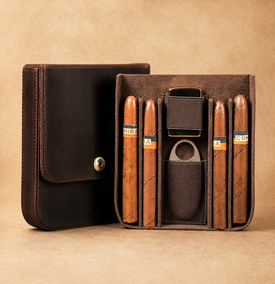 Leather Cigar Case - 4 Cigars, Travel Humidor with Lighter & Cutter Pocket Tigre X Studio