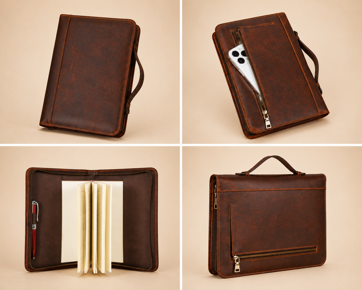 Zippered leather Bible cover organizer shown closed, full-grain construction