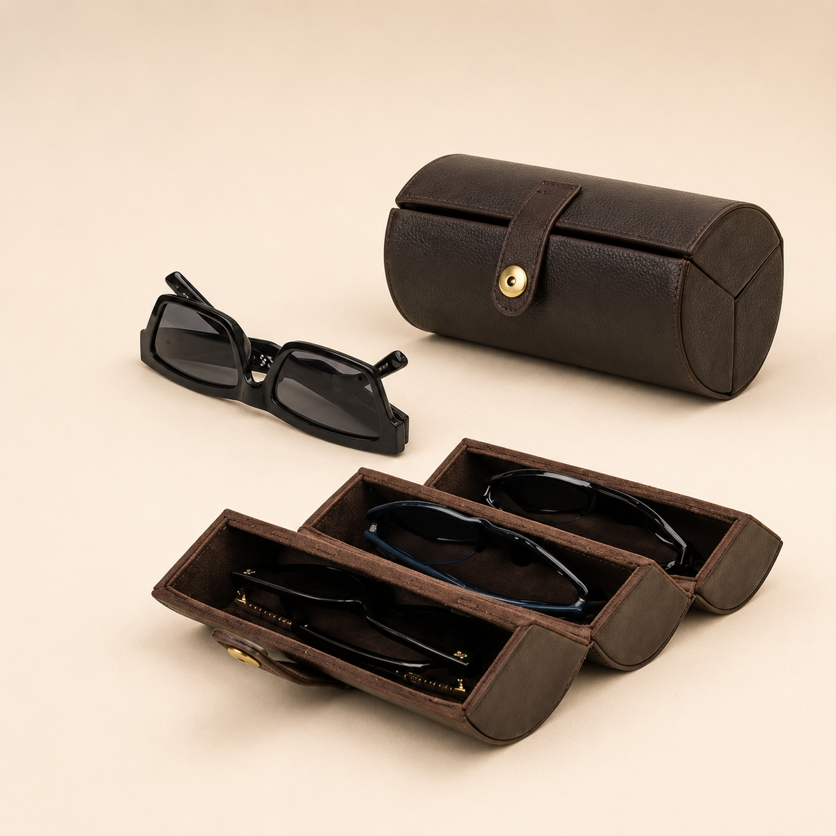 Leather sunglasses travel case, 3-slot eyewear organizer