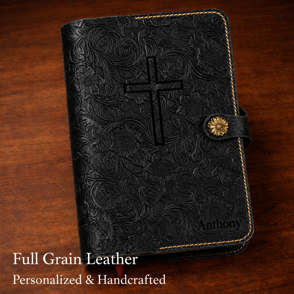 Black Floral Leather Bible Cover, Custom Name Engraved for personalization Tigrex Studio