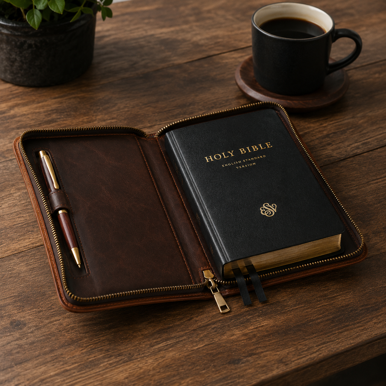 Leather Bible cover organizer shown open, zipper closure and interior pockets