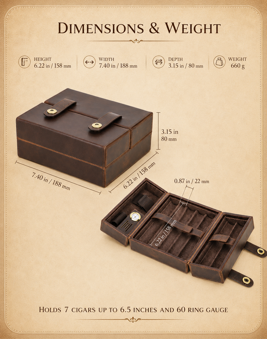 Leather Cigar Humidor Case - 7 Cigars, Travel Holder with Hygrometer, Humidifier, Lighter & Cutter Pocket Tigre X Studio