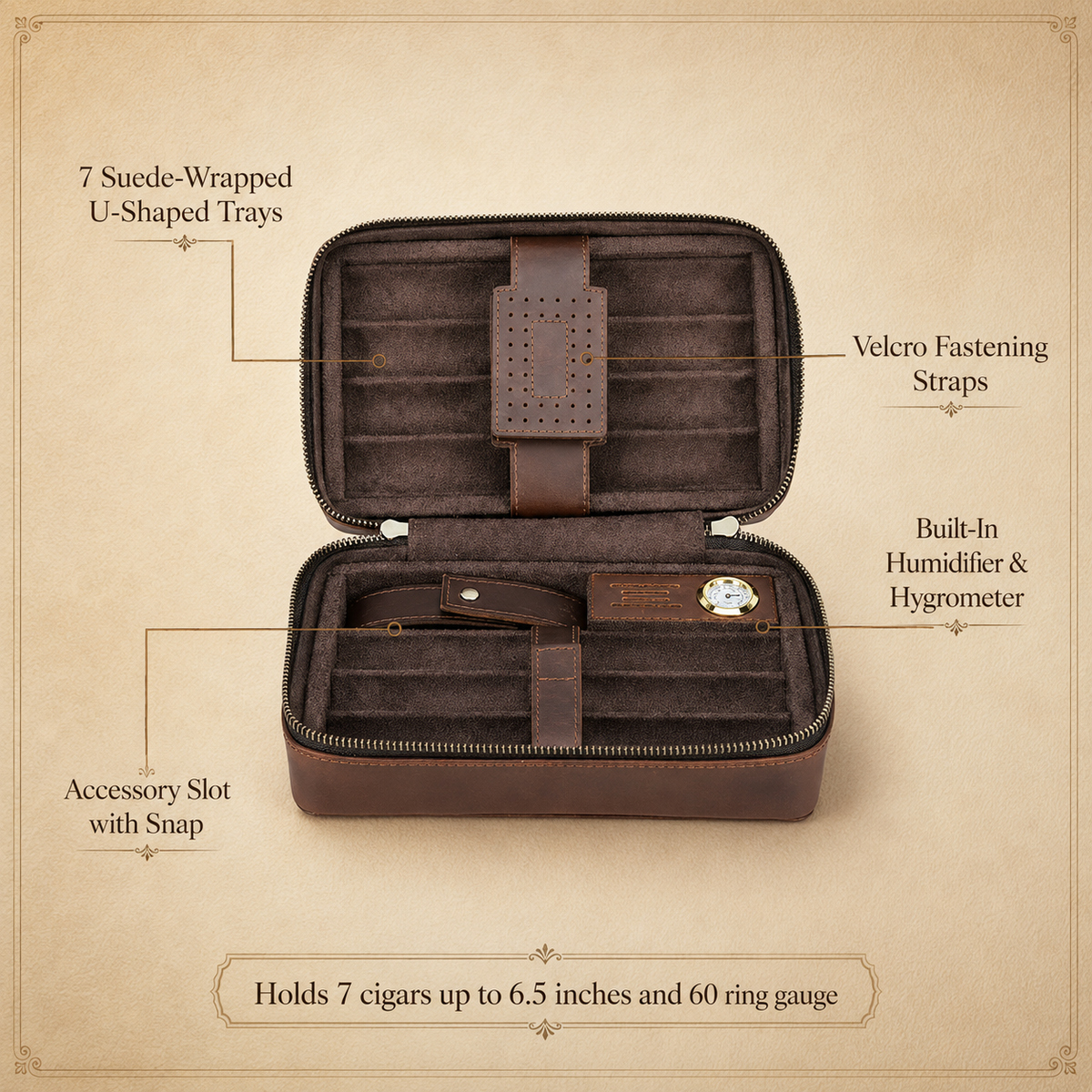 Leather cigar humidor, full-grain leather texture detail