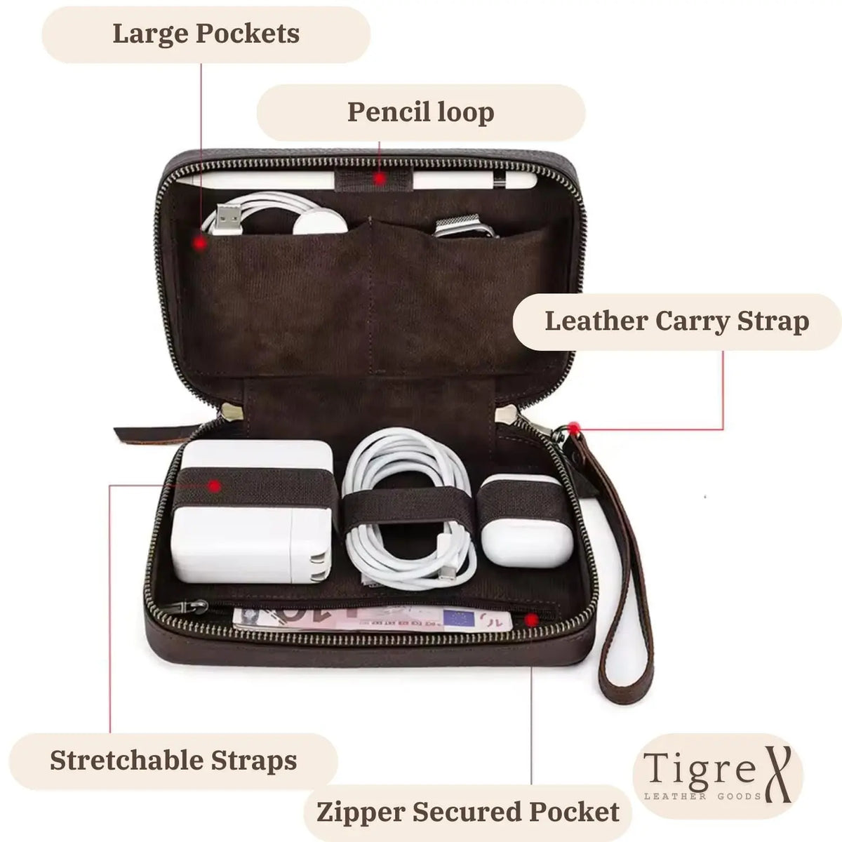 Personalized Leather Cable Organizer – Monogrammed Travel Tech Pouch | Groomsmen Gift - Tigre X Studio