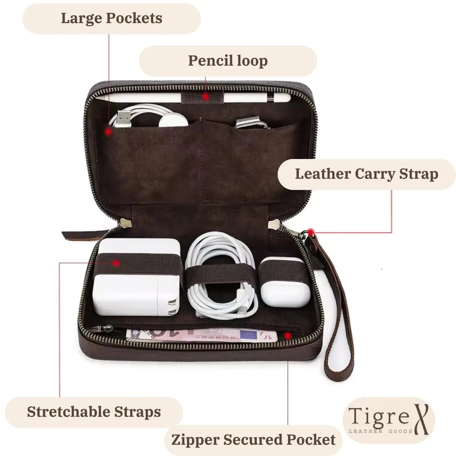 Personalized Leather Cable Organizer – Monogrammed Travel Tech Pouch | Groomsmen Gift - Tigre X Studio