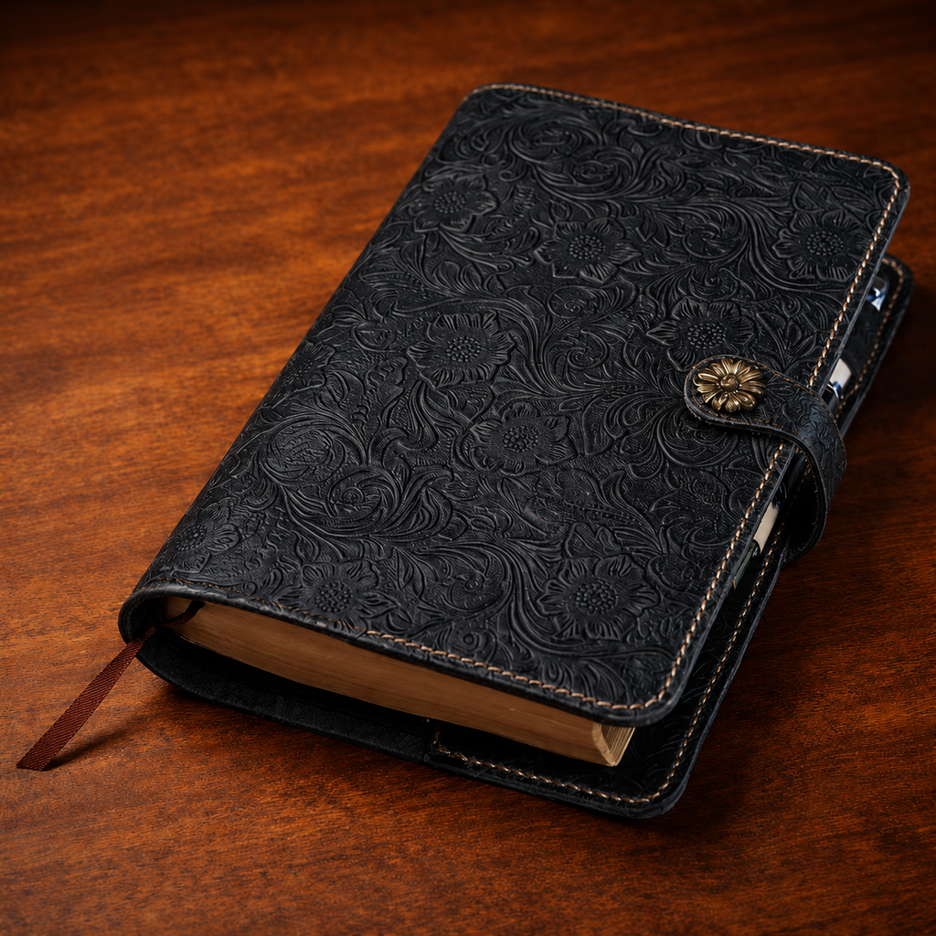 Personalized Black Floral Leather Bible Cover, Custom Name Engraved Bible Case, Pastor Gift, Christian Gift for Men & Women, Hand Stitched Tigrex Studio