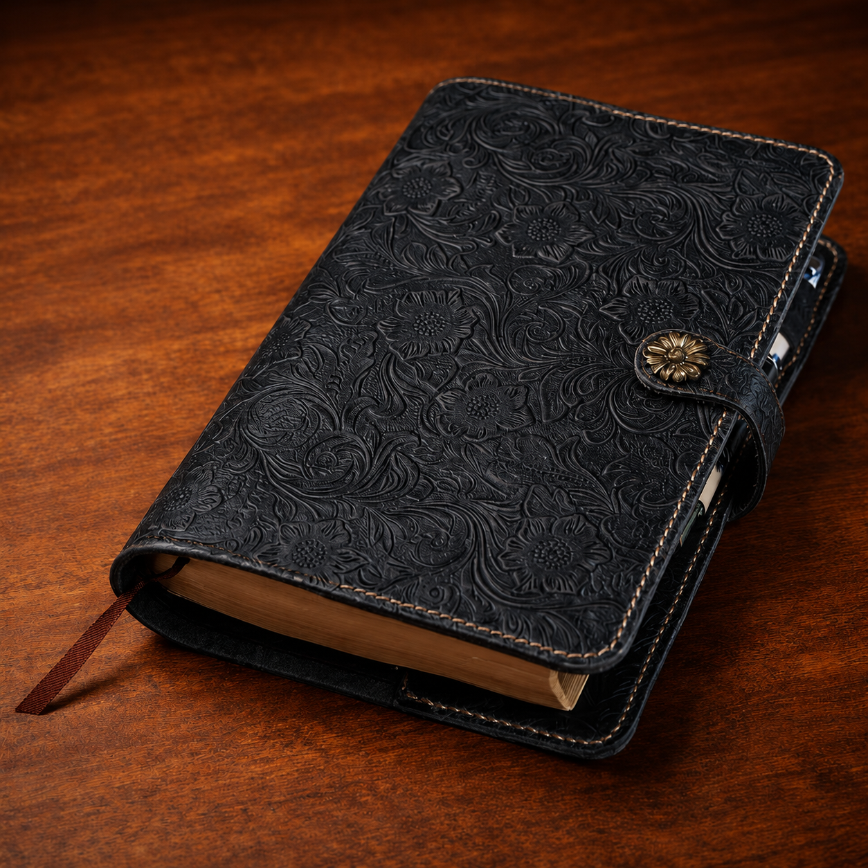 Personalized Black Floral Leather Bible Cover, Custom Name Engraved Bible Case, Pastor Gift, Christian Gift for Men & Women, Hand Stitched Tigrex Studio