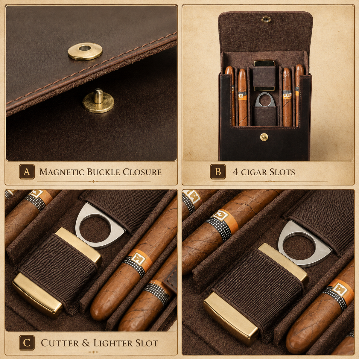 Leather cigar case, full-grain leather texture detail