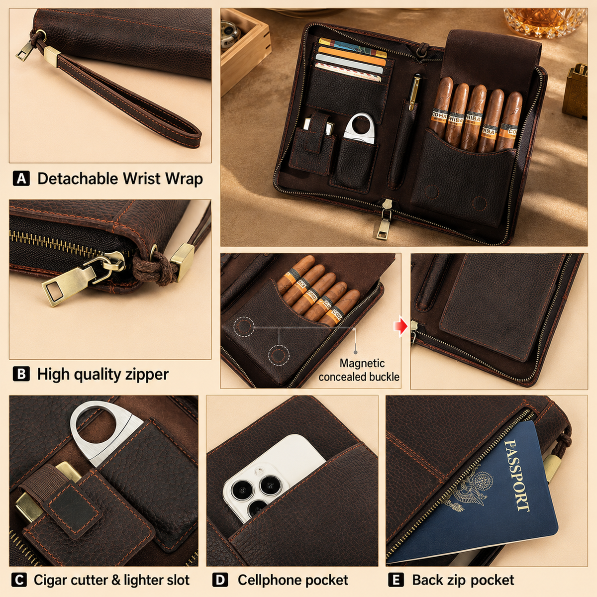Leather cigar case styled for travel