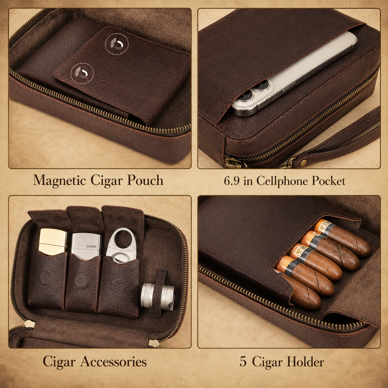 Leather Cigar Travel Case, Full Grain Leather 5 Cigar Humidor Tigre X Studio