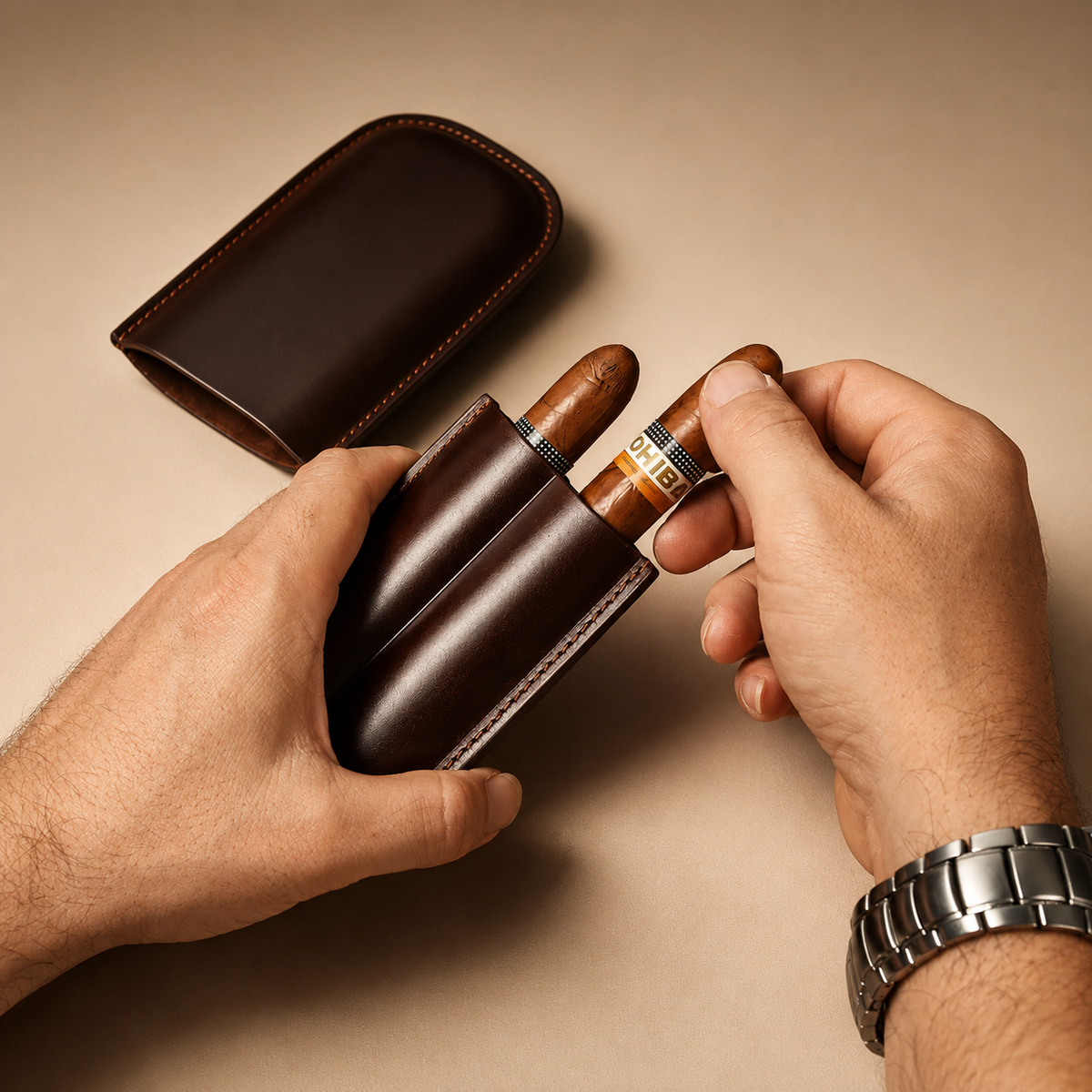 Adjustable leather cigar case with cutter slot, shown closed
