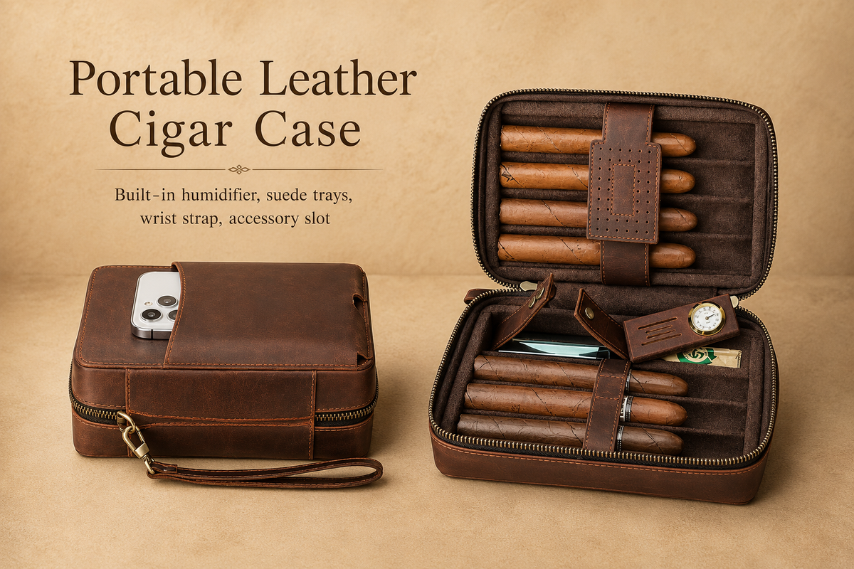 Close-up of hygrometer detail on a leather cigar humidor