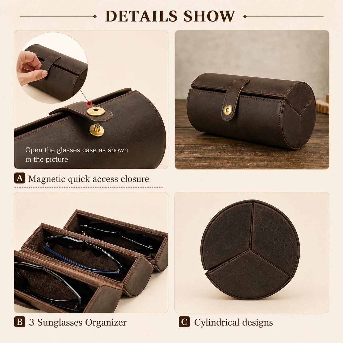 Leather sunglasses case, full-grain texture detail