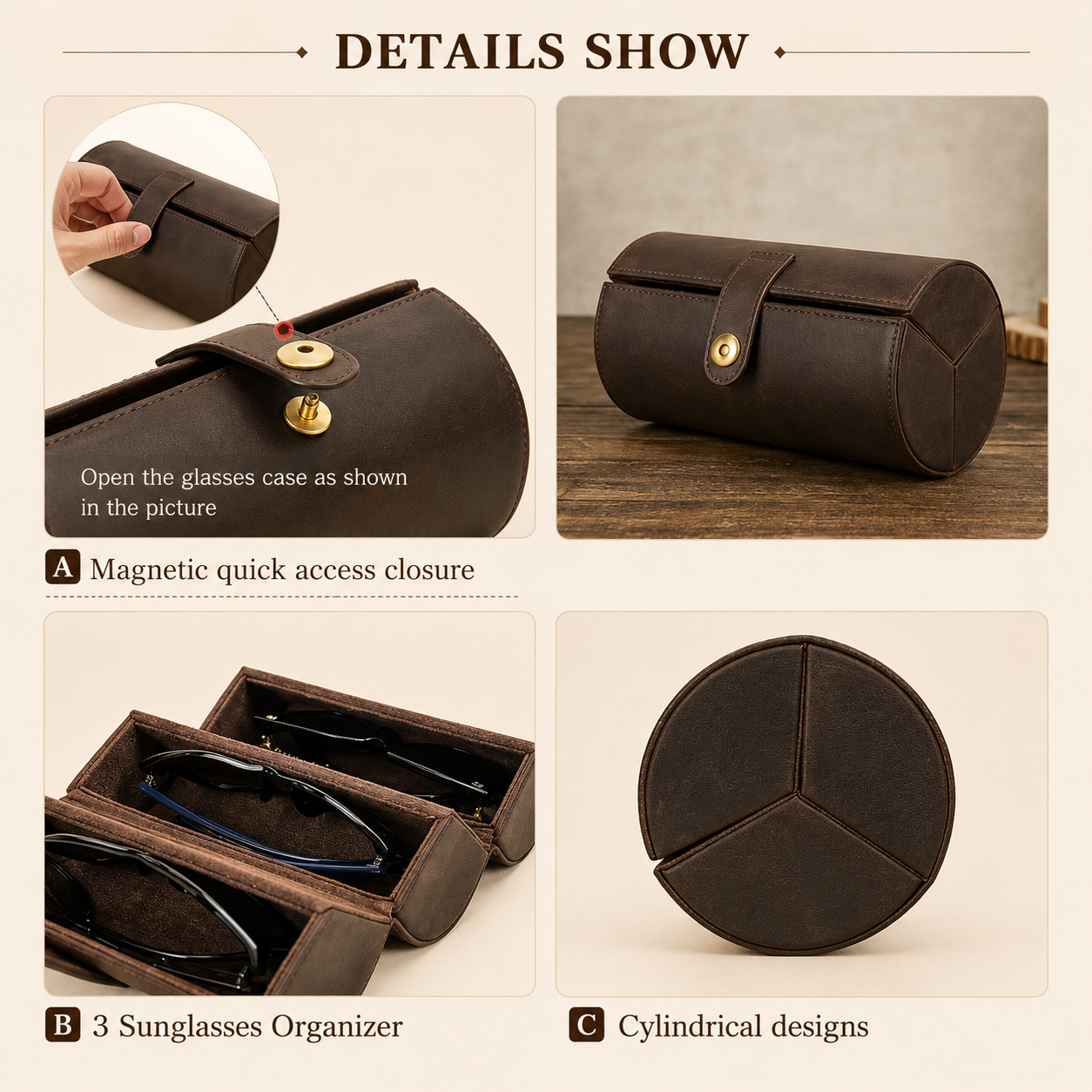 Leather Sunglasses Travel Case – 3 Slot Eyewear Organizer, Vintage Glasses Storage Tube Tigre X Studio
