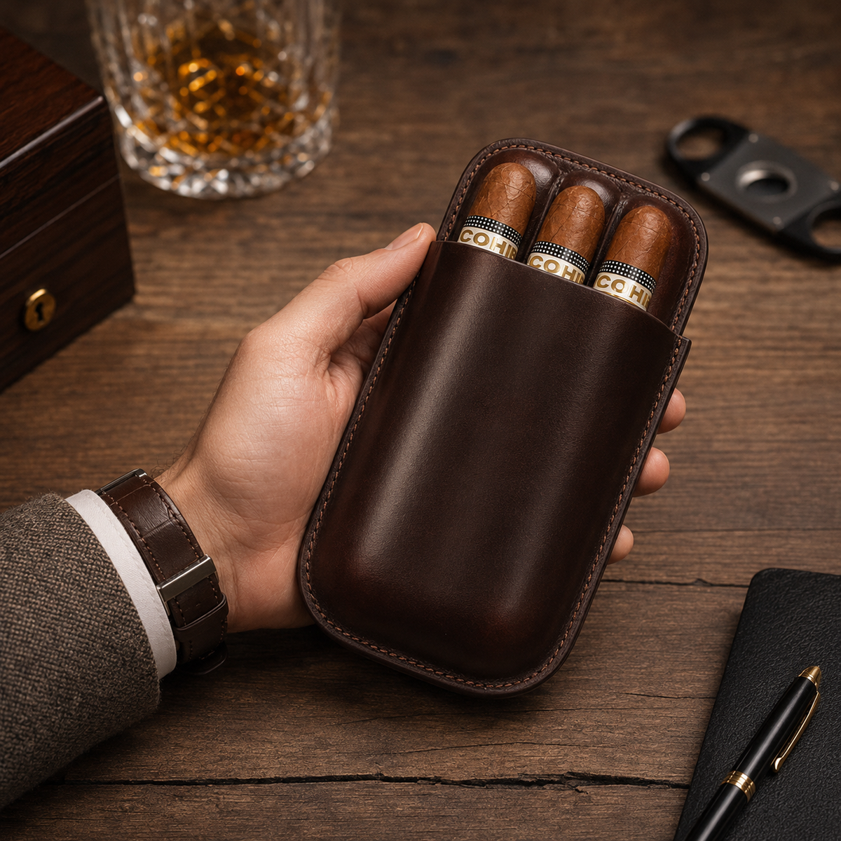Leather Cigar Case with Cutter Slot – 3 Cigar Travel Holder, Full Grain Leather Humidor Tigre X Studio