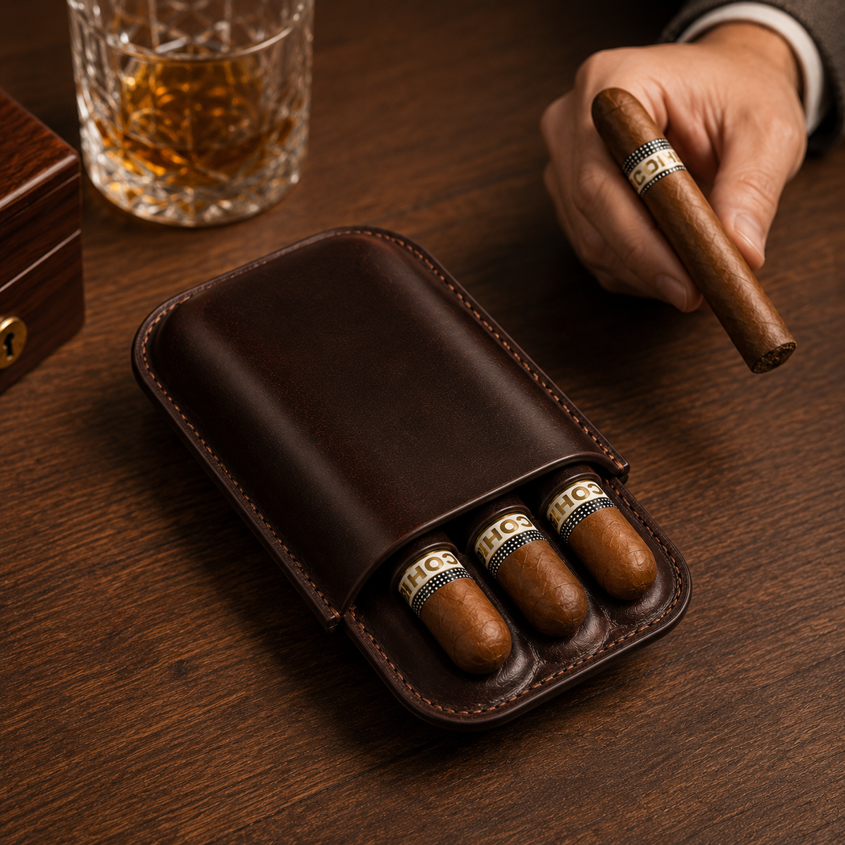 Leather Cigar Case with Cutter Slot – 3 Cigar Travel Holder, Full Grain Leather Humidor Tigre X Studio