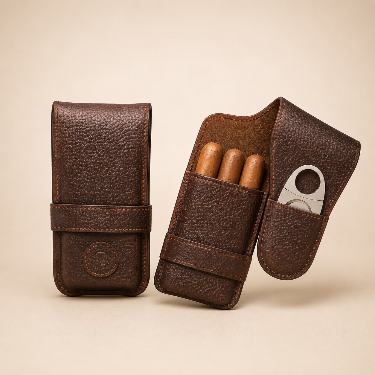 Personalized Leather Cigar Case – Full-Grain, Fixed 3-Cigar Slot with Cutter