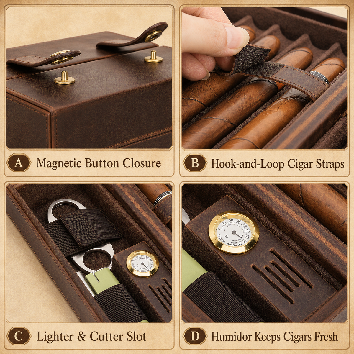 Leather cigar humidor case styled for travel