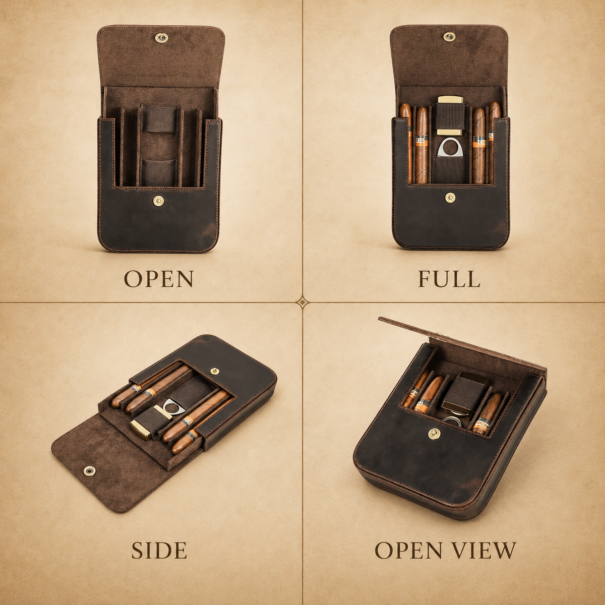 Leather cigar case with lighter and cutter pocket detail