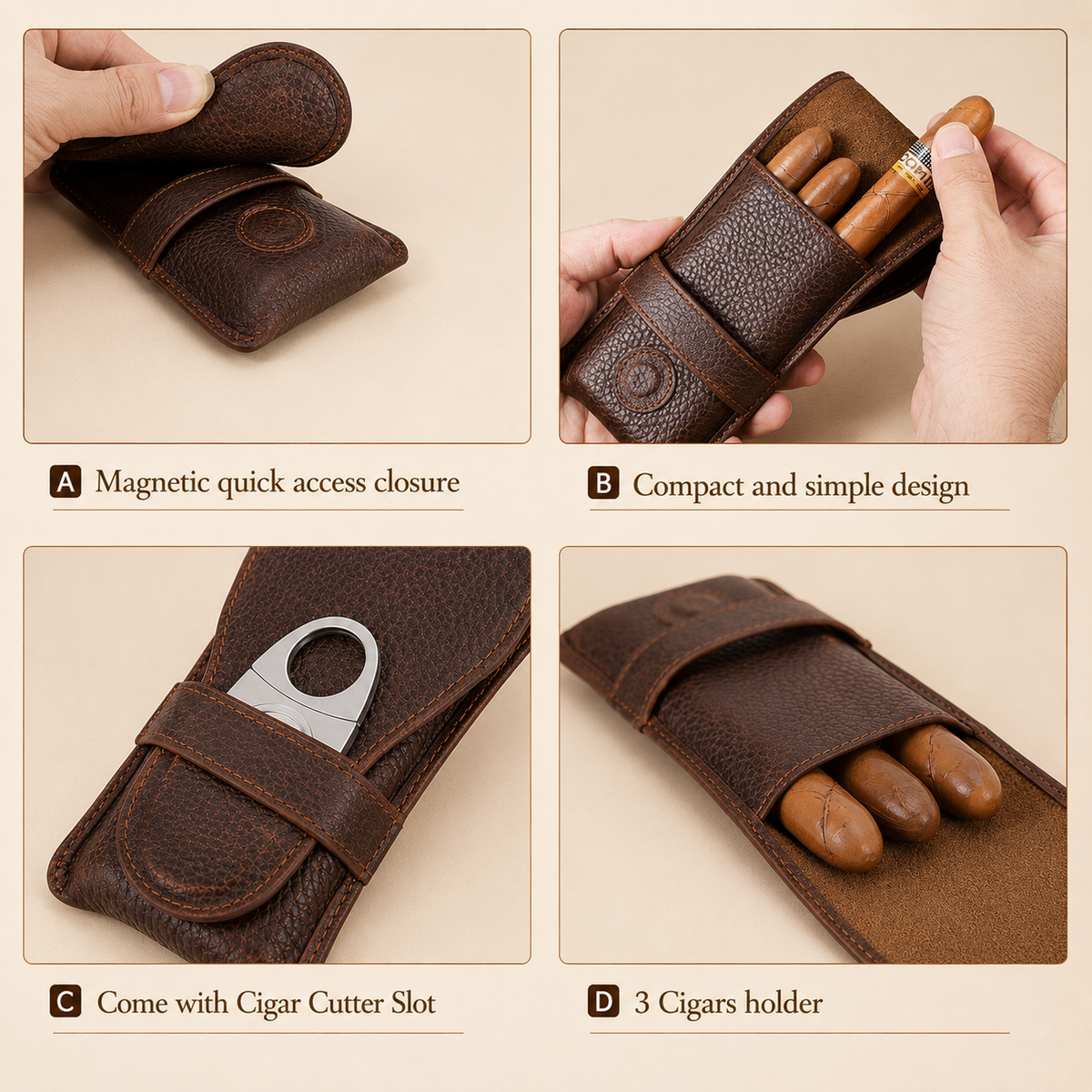Close-up of cutter slot detail on a leather cigar case