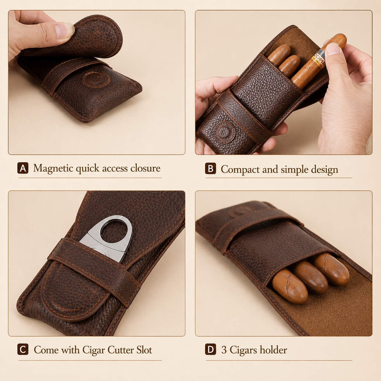 Leather Cigar Case with Cutter Slot – 3 Cigar Travel Holder, Full Grain Leather Tigrex Studio