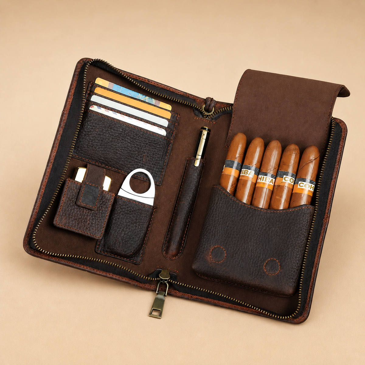 Leather cigar case for 5 cigars, shown closed