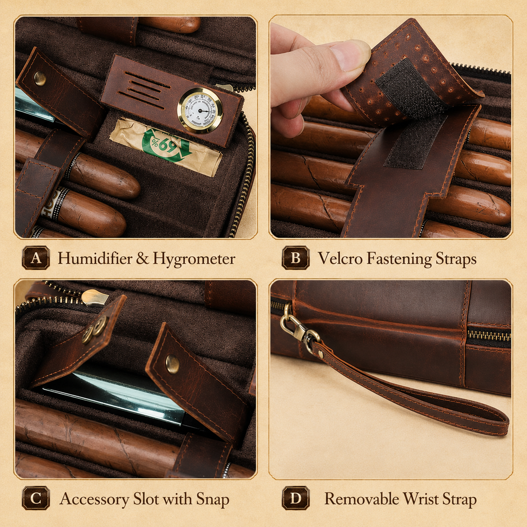 Cigar Humidor Travel Case - 7 Cigars Portable Box with Hygrometer & Humidifier Tigre X Studio
