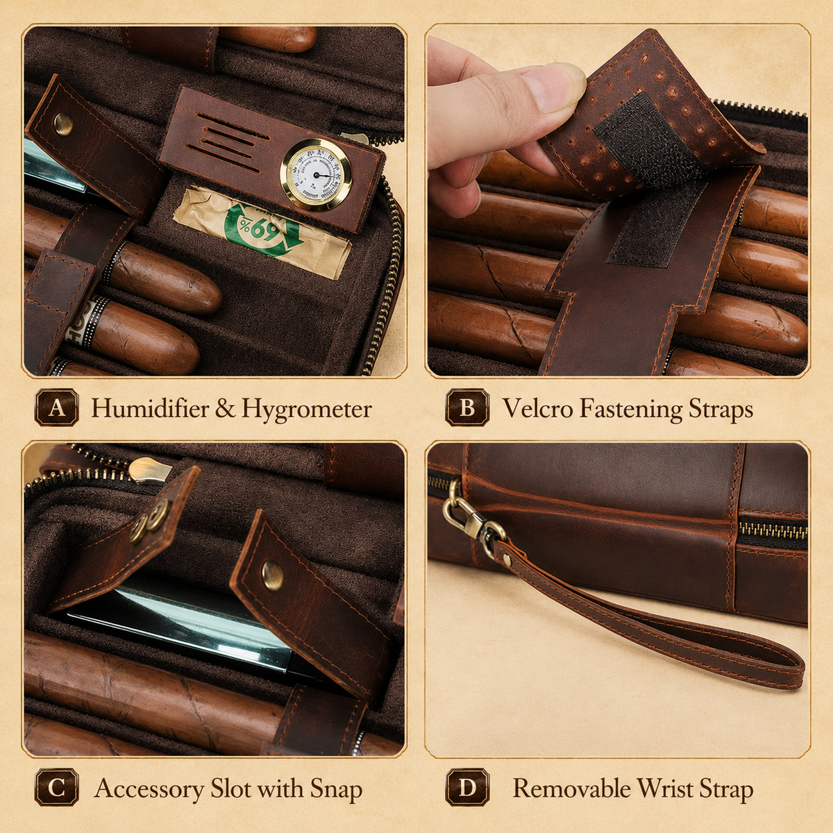 Custom engraving detail on a leather cigar humidor