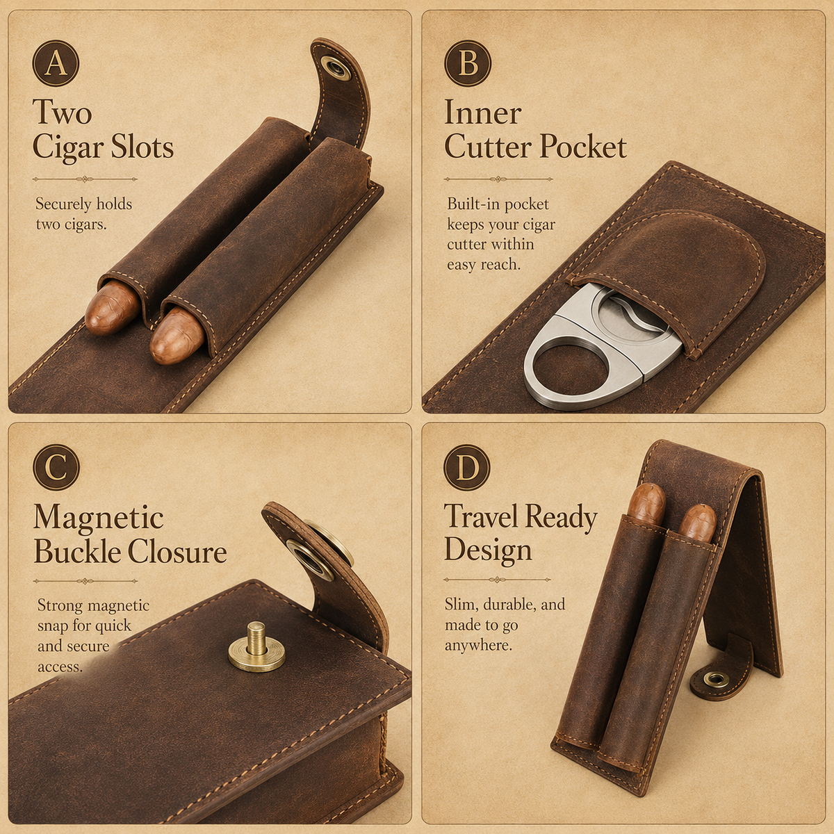 Crazy Horse leather texture detail on a cigar case