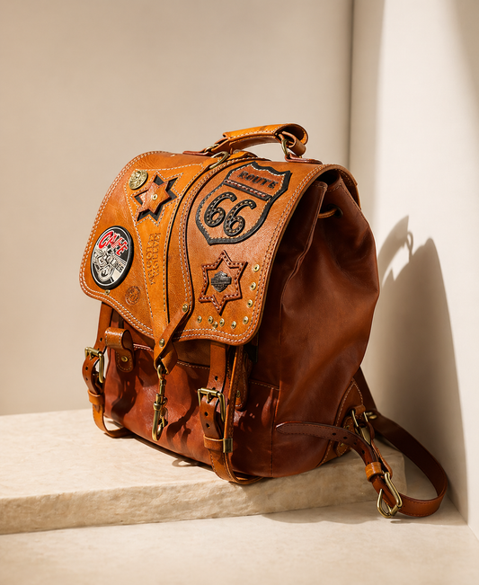 Brown leather backpack with patches on a light background