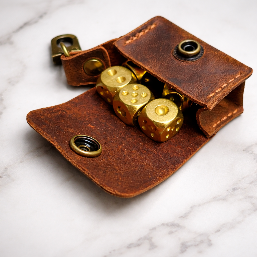 Handcrafted brown full-grain leather dice pouch with solid brass dice, distinctive Father's Day gift