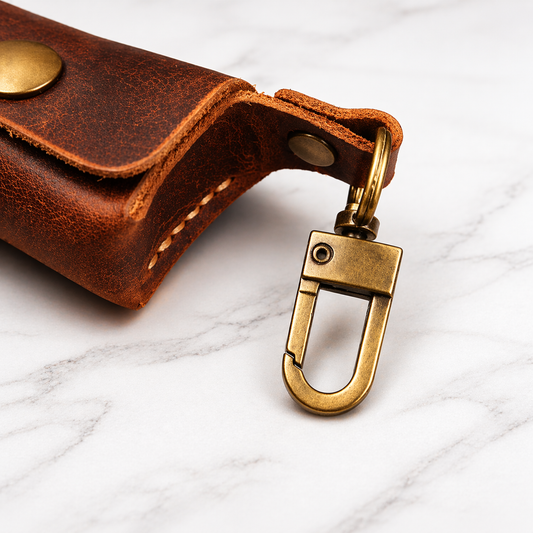 Brown leather key pouch with brass clasp on a white marble surface